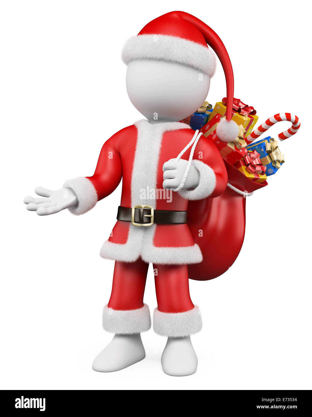 3D weiße Weihnachten Person. Santa Claus mit einer Hand auf der Seite und eine Plünderung voller Geschenke. 3D-Bild. Isolierte weiß Stockfoto