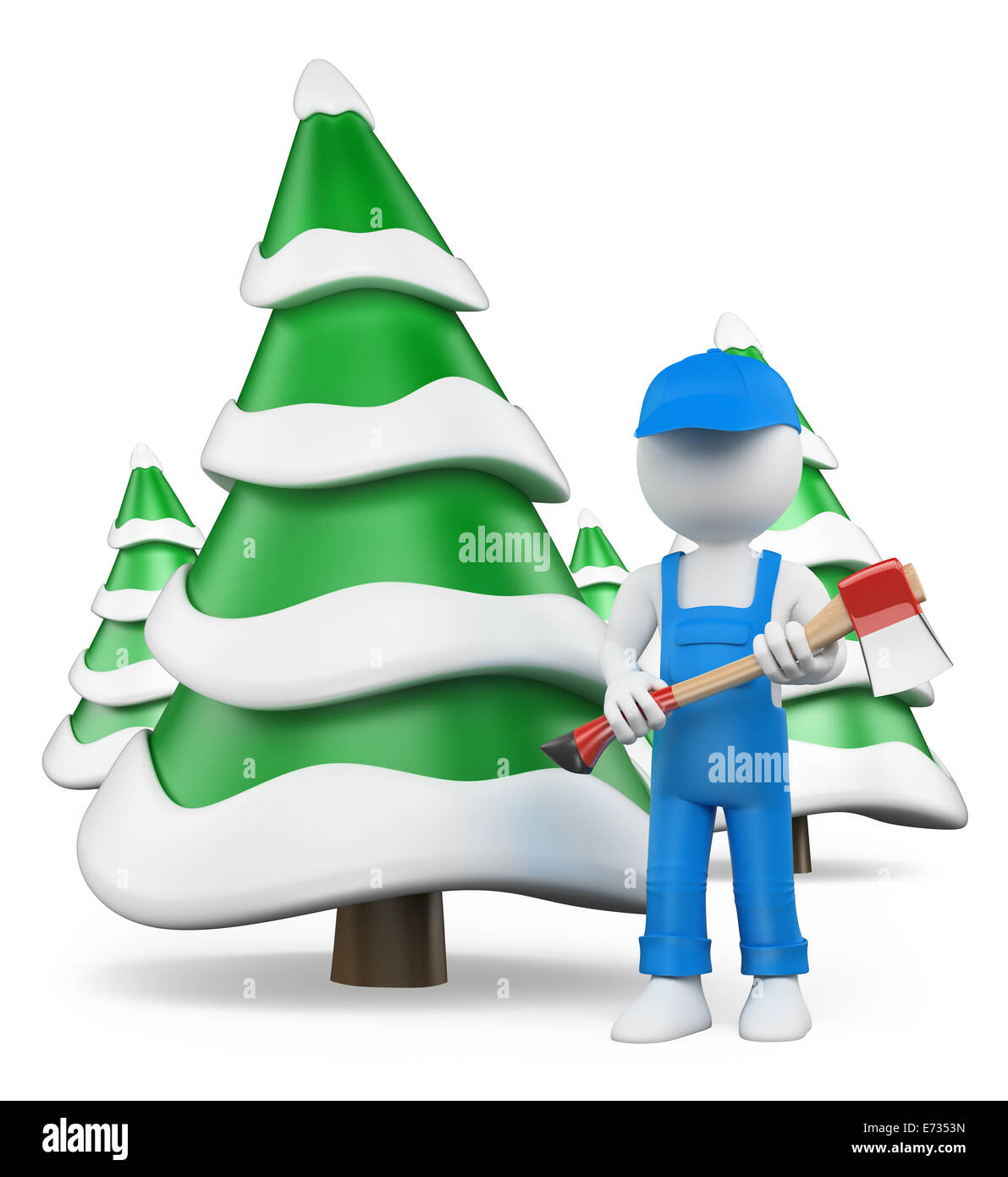 3D weiße Leute. Holzfäller mit Axt auf Schnee bedeckt Tannenwald. Isolierten weißen Hintergrund. Stockfoto