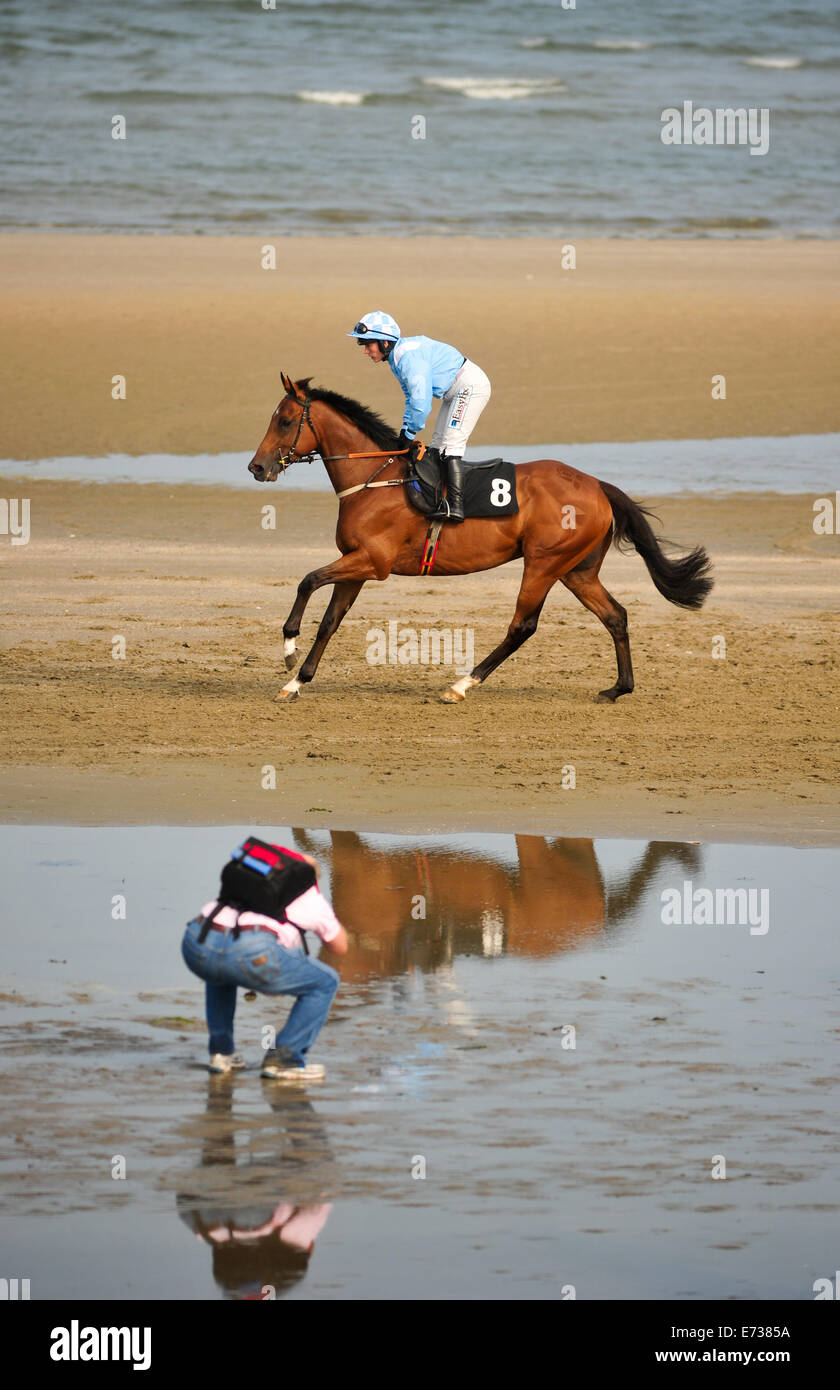 Laytown Strand Rennen, Craon County Meath, Irland. 4. September 2014. Laytown Rennen nimmt eine besondere Stellung in der irischen racing Kalender, wie es ist die einzige Renn-Event laufen am Strand unter den Regeln des Racing.Laytown Strang Rennen für hundert und vierzig Jahre bestanden haben. Im Bild bereitet Jockey K. Walsh bis auf mein Sohn Max für die Barry Matthews Appreciation Society (Q.R.) Handicap (16:45). Foto: Barry Cronin/Alamy News Stockfoto