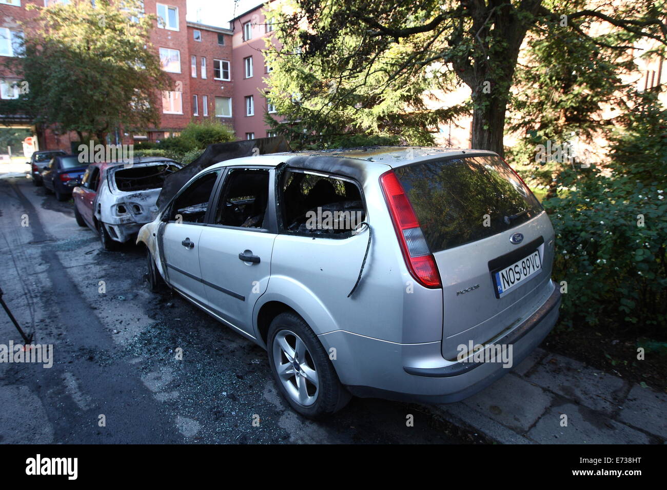 Danzig, Polen 5. September 2014 Polizei festgenommen, 33 Jahre alt Mann, 19 Autos in 3 Gdansk Stadtteile am 5. September Abend verbrannt. Autos brannten in Wrzeszcz, Siedlce und Suchanino Bezirke, Brandstifter wählte teure Autos. Bildnachweis: Michal Fludra/Alamy Live-Nachrichten Stockfoto