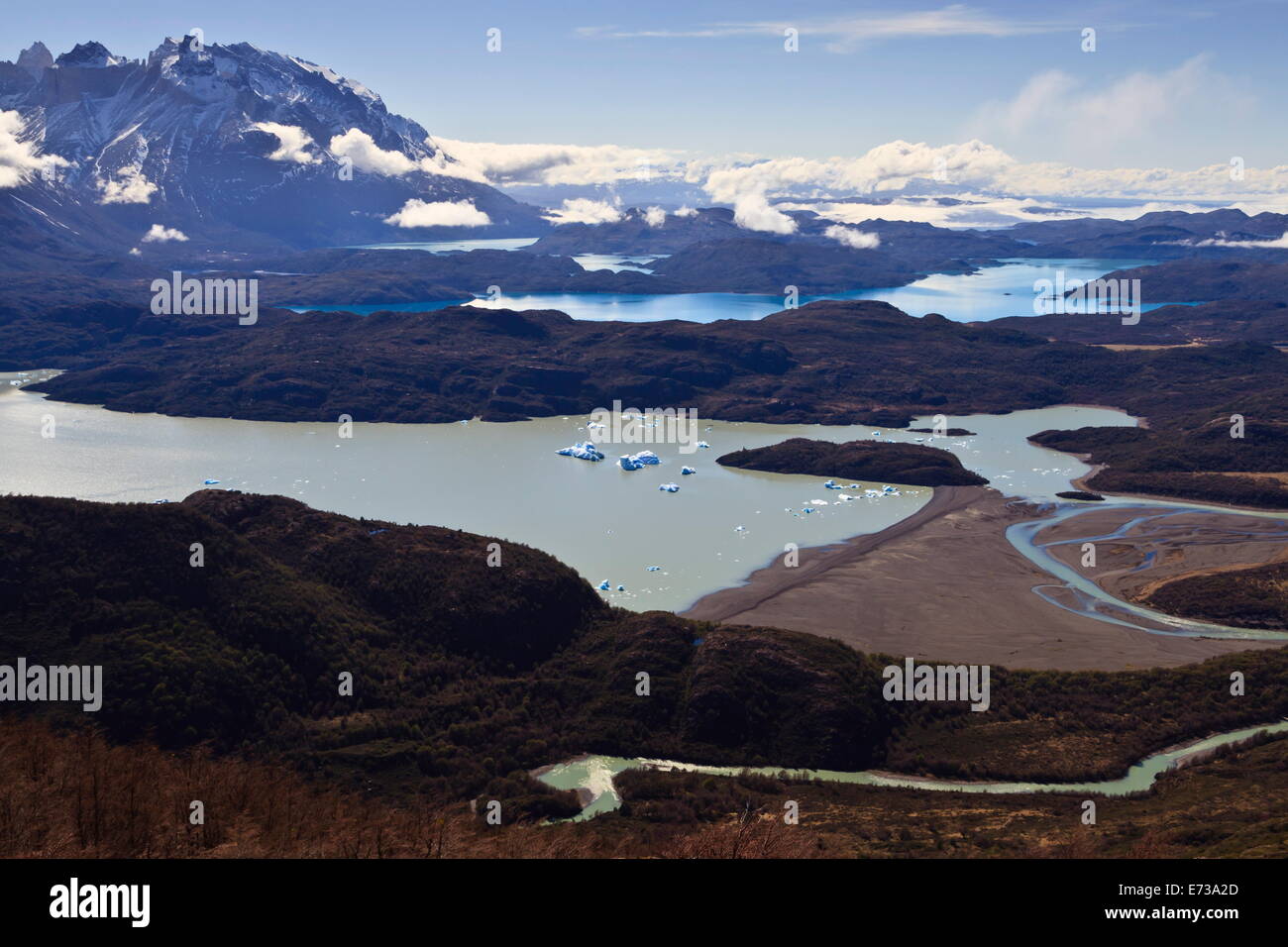 Blick auf Seen grau, Pehoe, Nordenskjold und Sarmiento, von Ferrier Vista Point, Torres del Paine, Patagonien, Chile Stockfoto