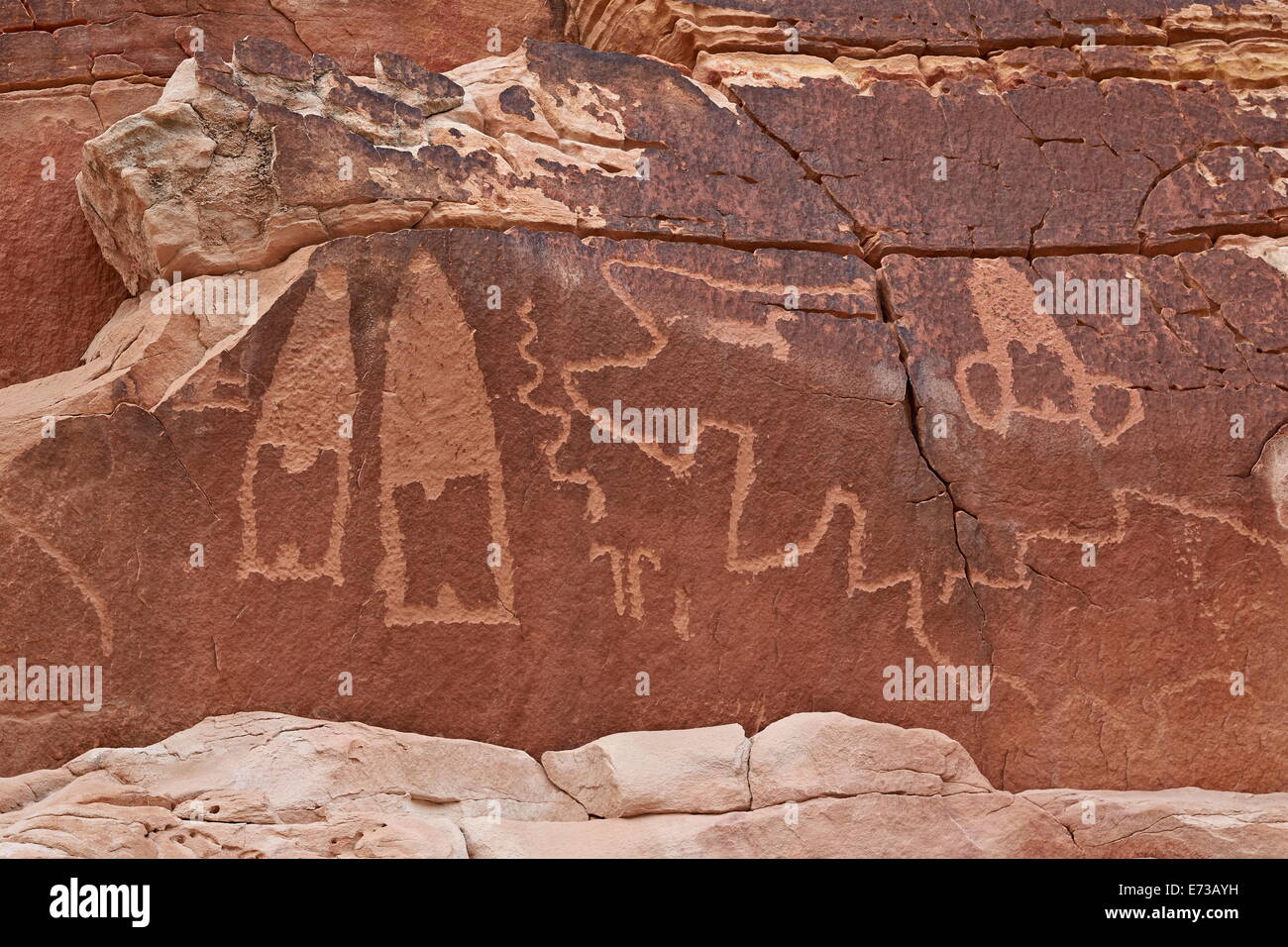 Petroglyphen in der Nähe von Kohta Zirkus Petroglyph Panels, Gold Butte, Nevada, Vereinigte Staaten von Amerika, Nordamerika Stockfoto