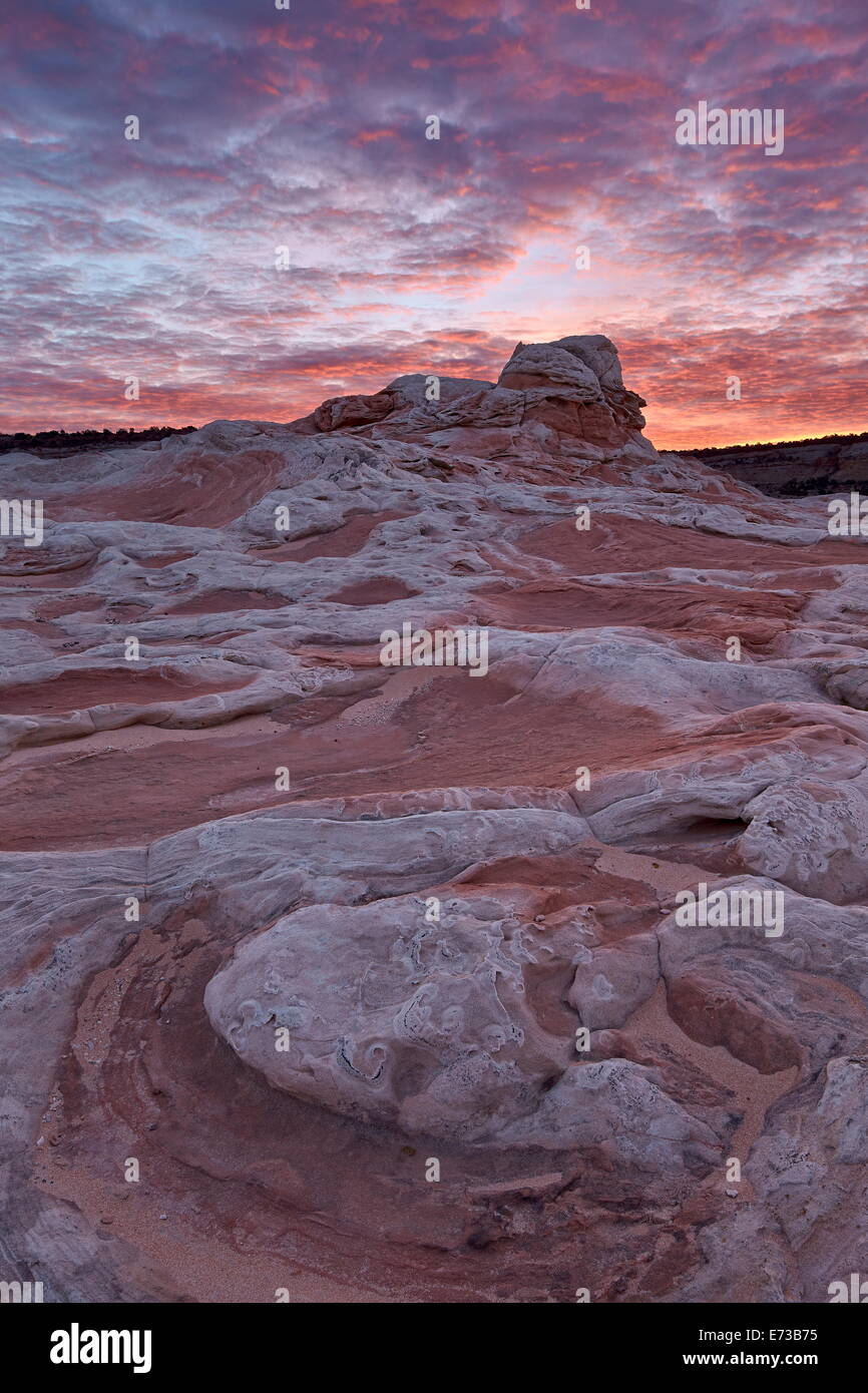 Rote Wolken über Sandstein bei Sonnenaufgang, White Pocket, Vermilion Cliffs National Monument, Arizona, Vereinigte Staaten von Amerika Stockfoto