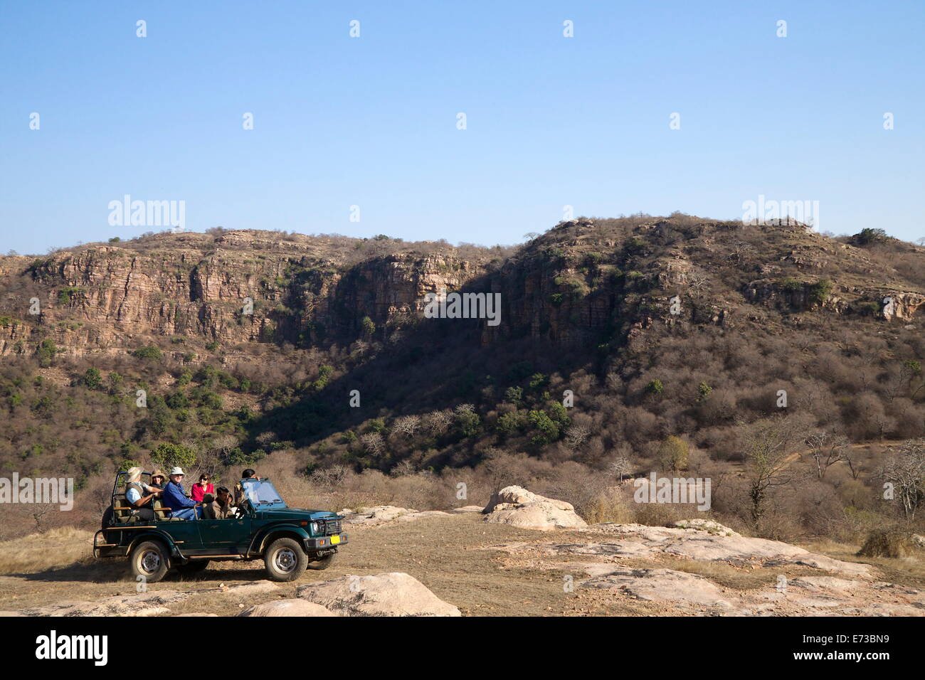 Touristen auf Safari im offenen Jeep, Ranthambore Nationalpark, Rajasthan, Indien, Asien Stockfoto