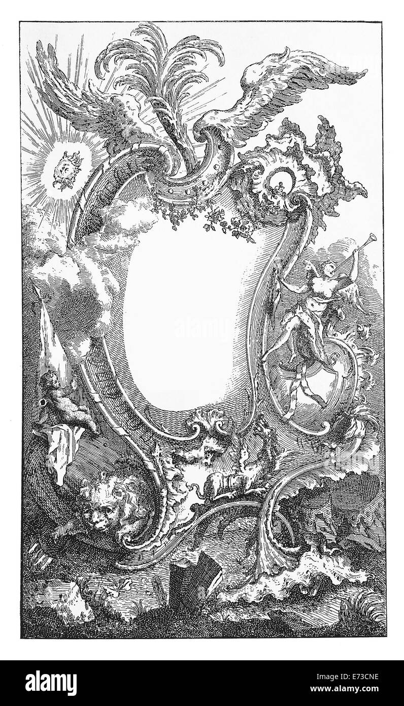 Spiegel wie Ornamentrahmen mit Engel, Trompeten, wildes Tier, übergestiegen durch Flügel ausbreitet Stockfoto