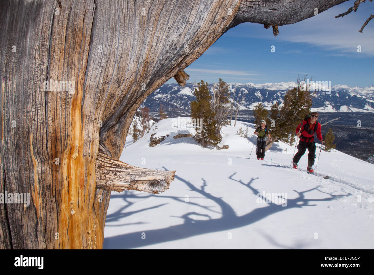 Zwei Backcountry Skifahrer in den Sawtooth Mountains in der Nähe von Stanley, Idaho. Stockfoto