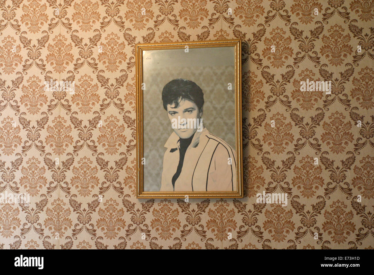 Ein Elvis-Spiegel an der Fluer de Lys tapezierten Wand. Stockfoto
