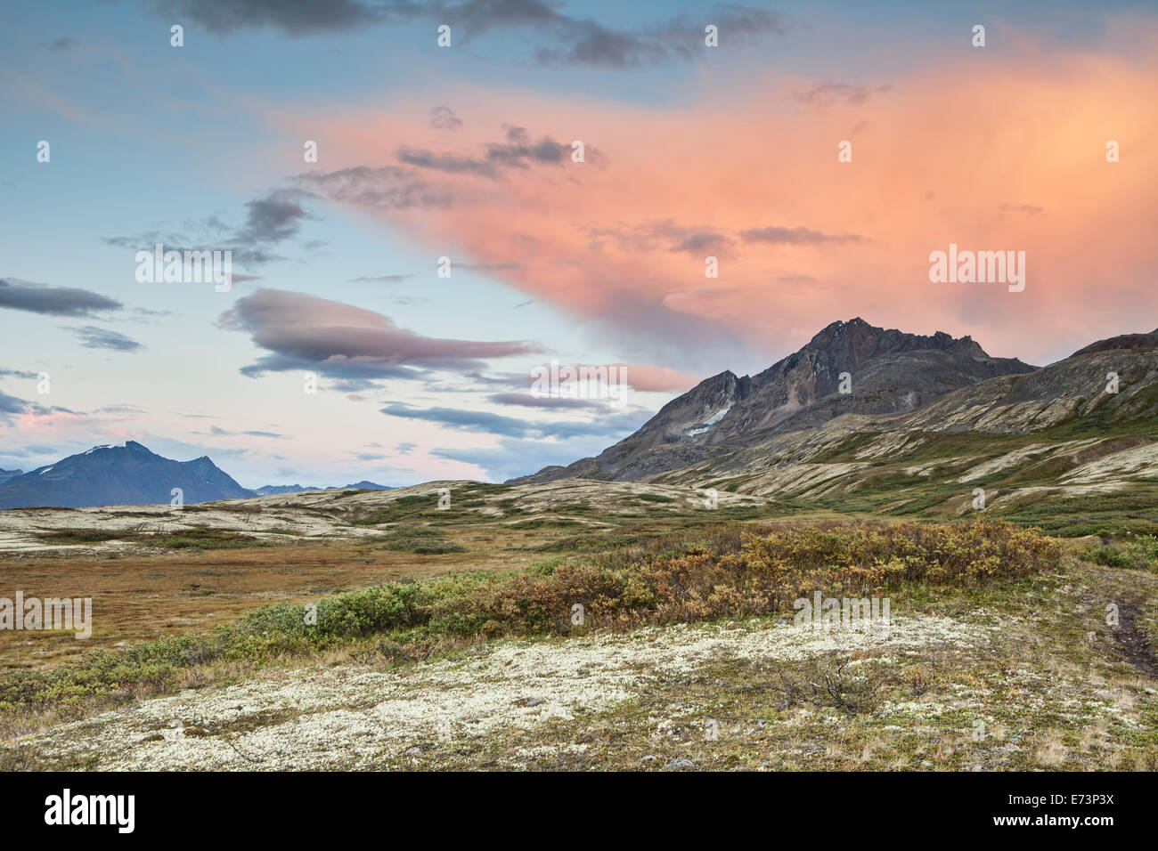 Rosa Wolken bei Sonnenuntergang in den Bergen des Yukon Territoriums im Sommer. Stockfoto