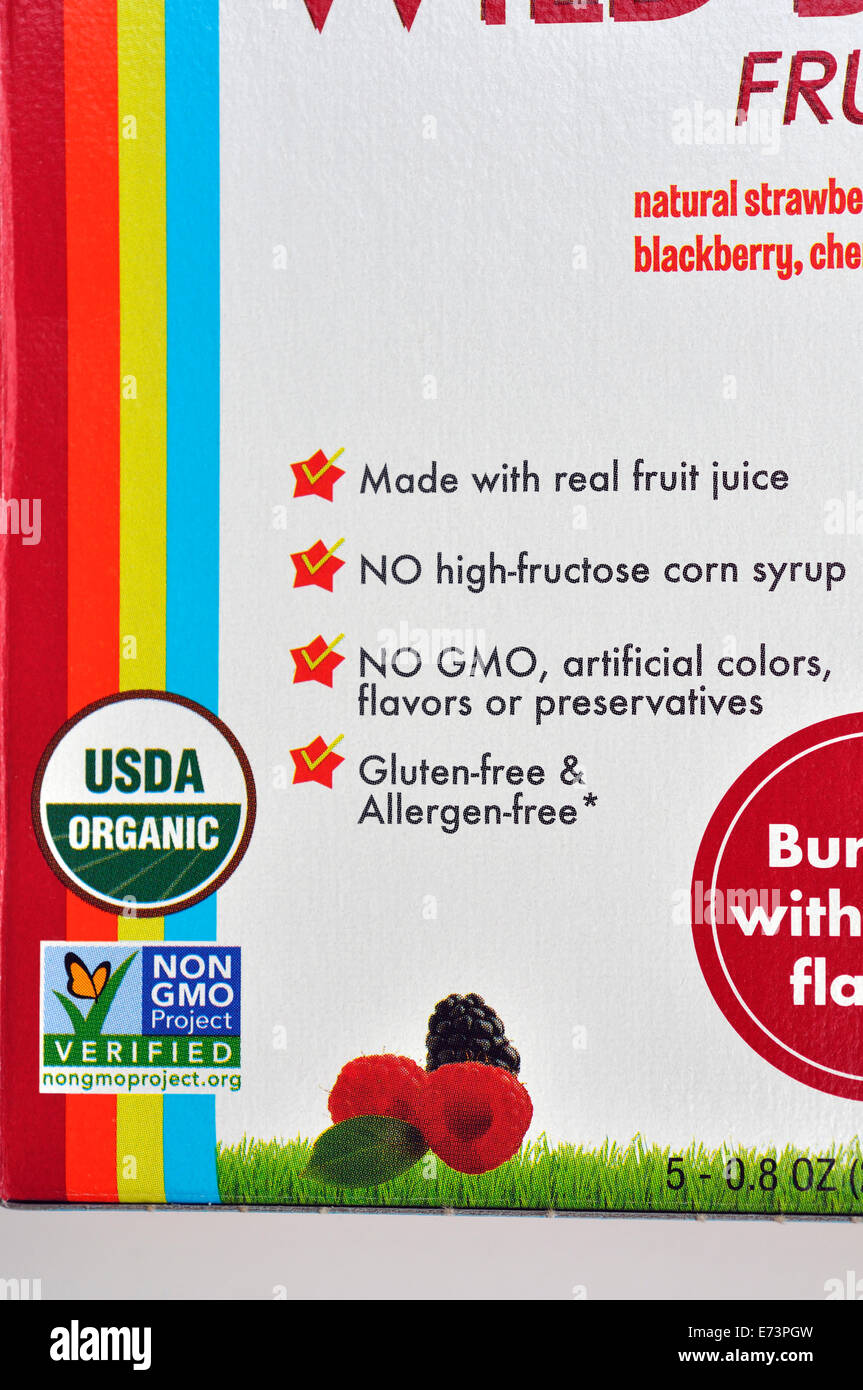 Glutenfrei und keine GVO-Etikett auf der Lebensmittelverpackung Stockfoto