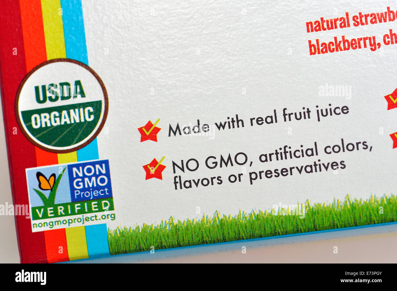 Keine GVO-Etikett auf der Lebensmittelverpackung Stockfoto