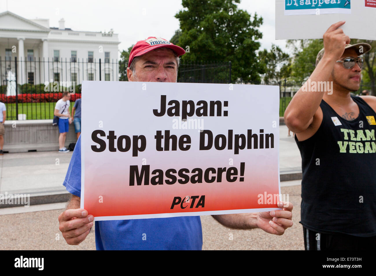 PETA-Mitglieder protestieren vor dem weißen Haus gegen japanische Delphin Fischerei - Washington, DC USA Stockfoto