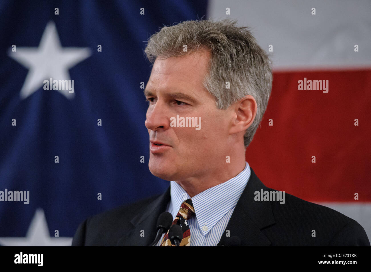 Ehemaliger Massachusetts Senator Scott Brown kündigt seine Kandidatur für die New Hampshire Senatssitz in Portsmouth, NH 10.04.2014 Stockfoto