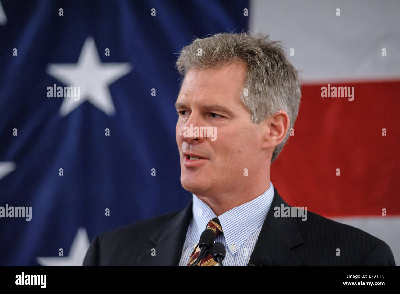 Ehemaliger Massachusetts Senator Scott Brown kündigt seine Kandidatur für die New Hampshire Senatssitz in Portsmouth, NH 10.04.2014 Stockfoto