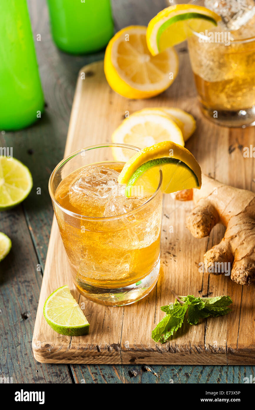 Bio Ginger Ale Soda in einem Glas mit Zitrone und Limette Stockfoto