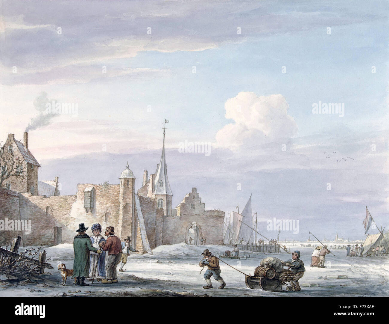 Stadt-Szene im Winter - von Martinus Schouman, 1780-1848-Redaktion nur verwenden. Stockfoto