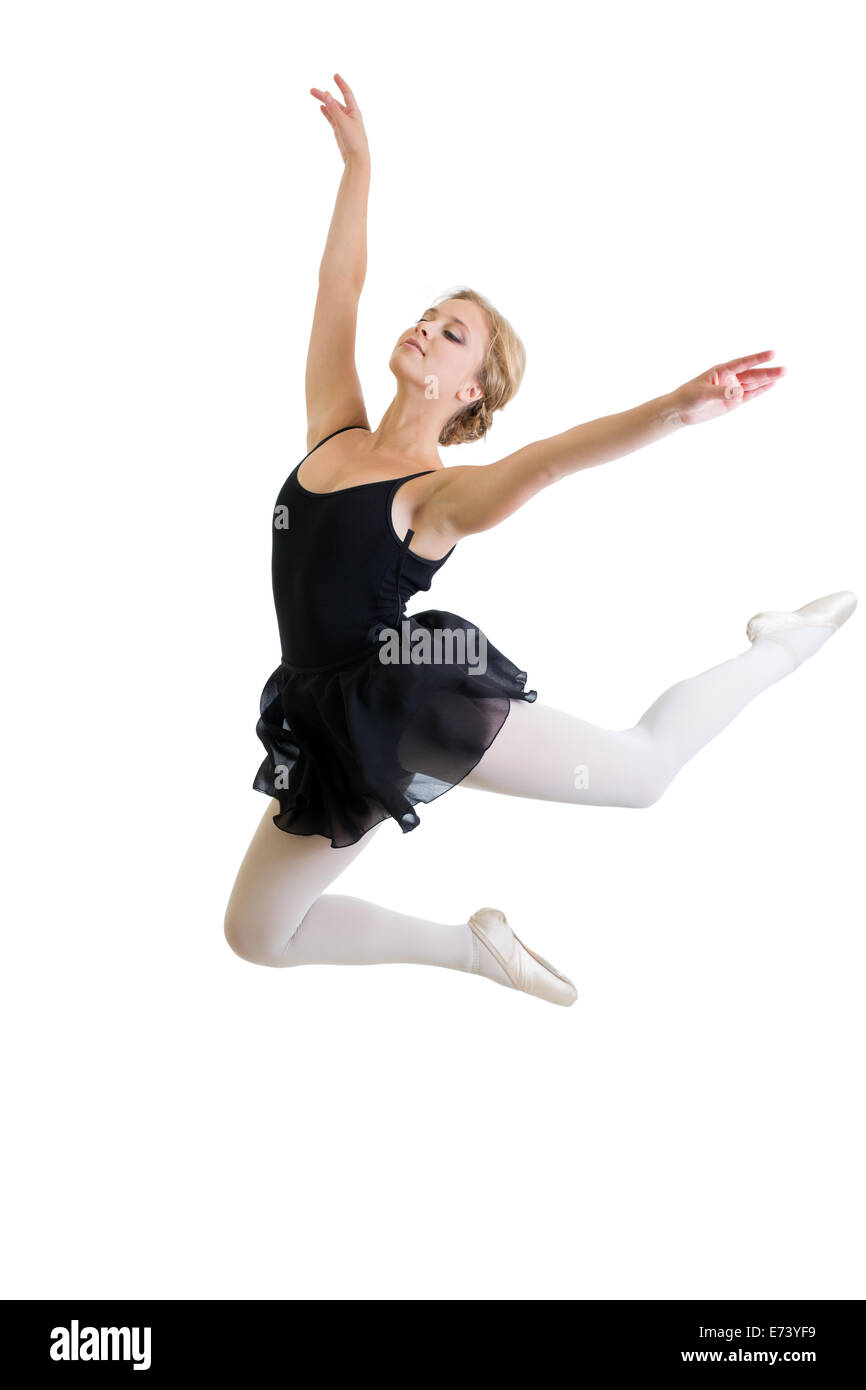 fliegen oder springen Tänzerin Mädchen isoliert auf weiss Stockfoto