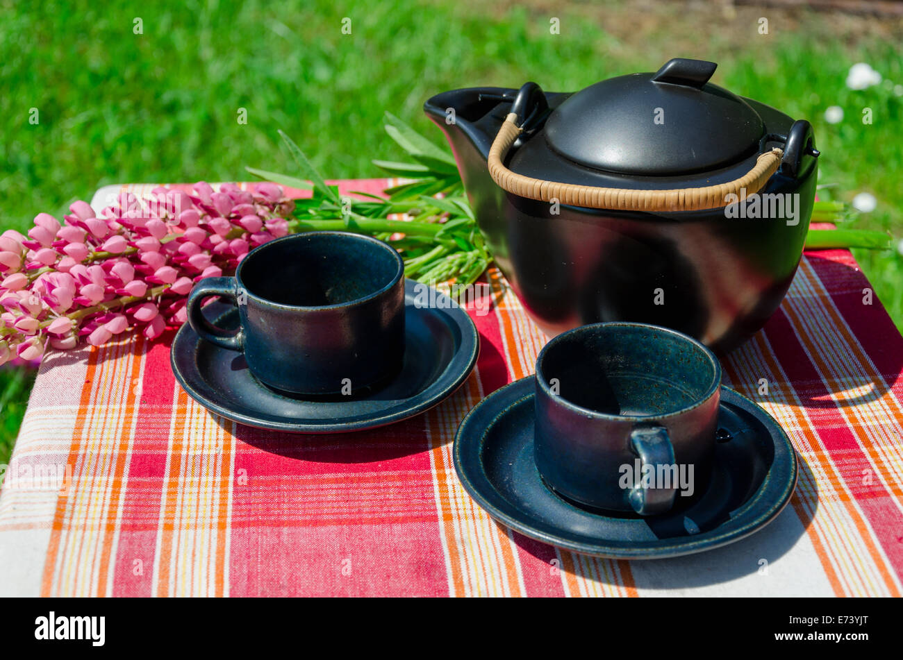 Nahaufnahme eines schwarzen Ton Teeservice und rosa lupine ABSCHLIEsENDE Stockfoto