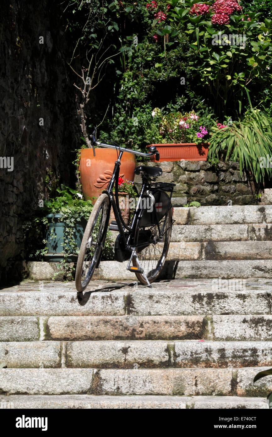 Französische Fahrrad auf Schritte in einem Garten. Stockfoto