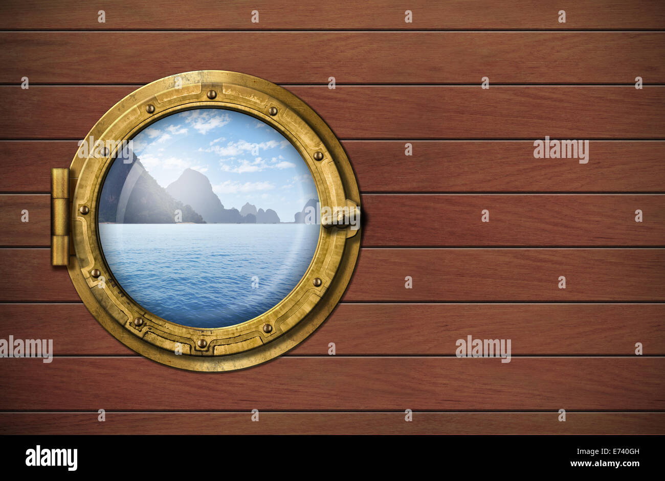 Schiff Fenster mit Meer oder Ozean mit tropischen Insel. Reise- und Andventure Konzept. Stockfoto
