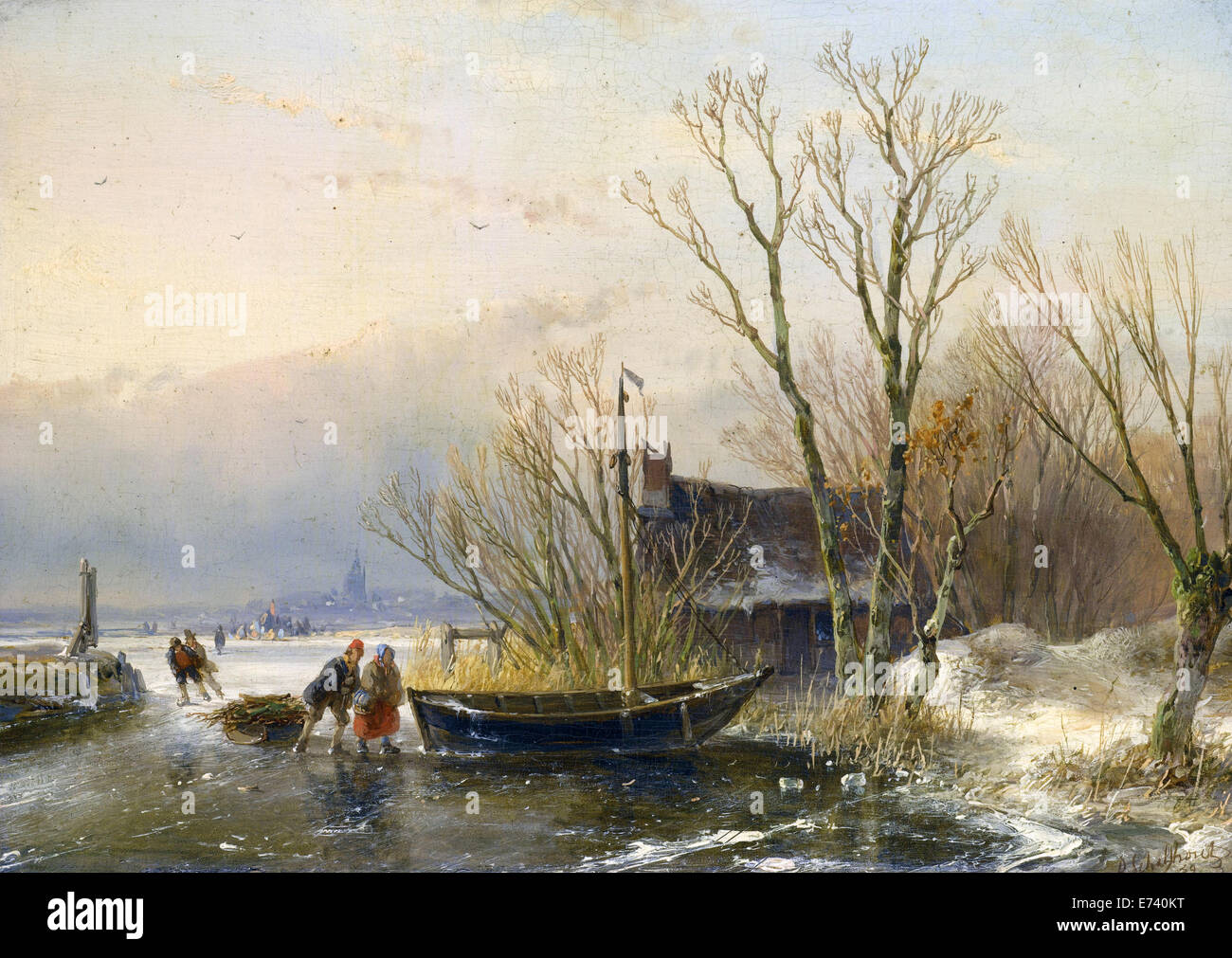 Eis-Szene mit Holzsammler - von Andreas Schelfhout, 1849 Stockfoto