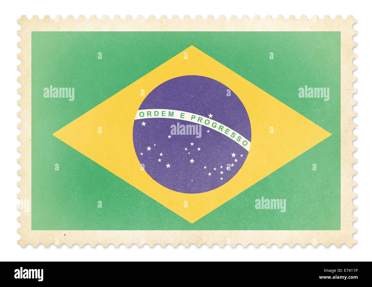 Briefmarke mit Flagge von Brasilien isoliert. Clipping-Pfad ist im Preis inbegriffen. Stockfoto