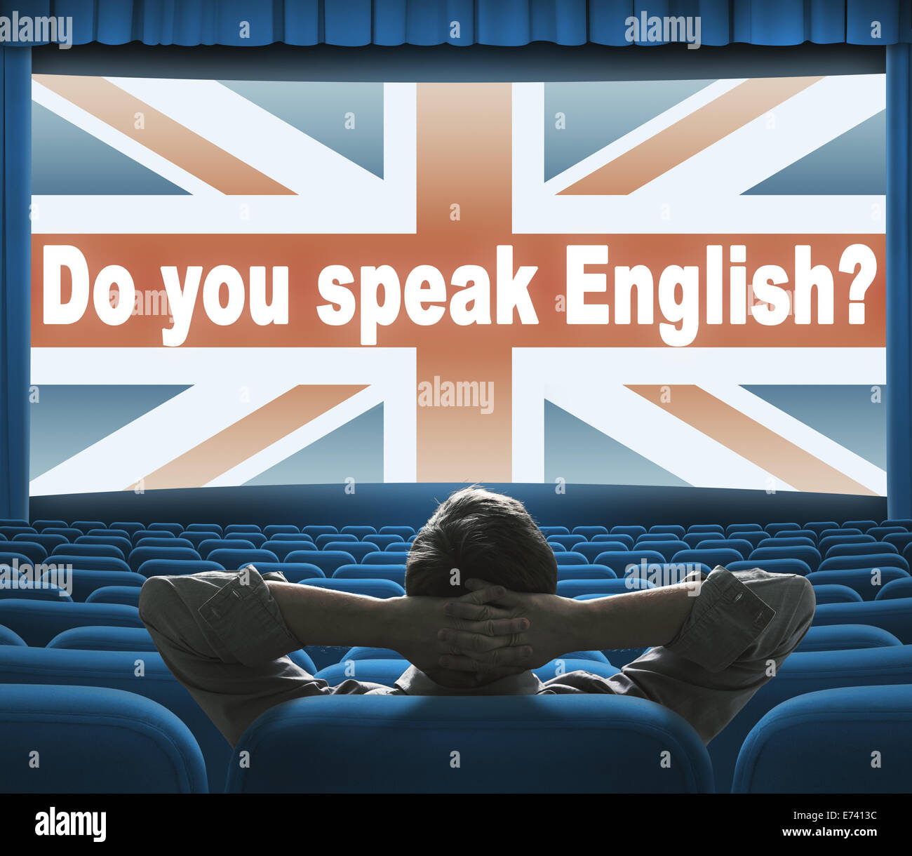"Do you speak English?" Phrase auf der großen Kinoleinwand Stockfoto