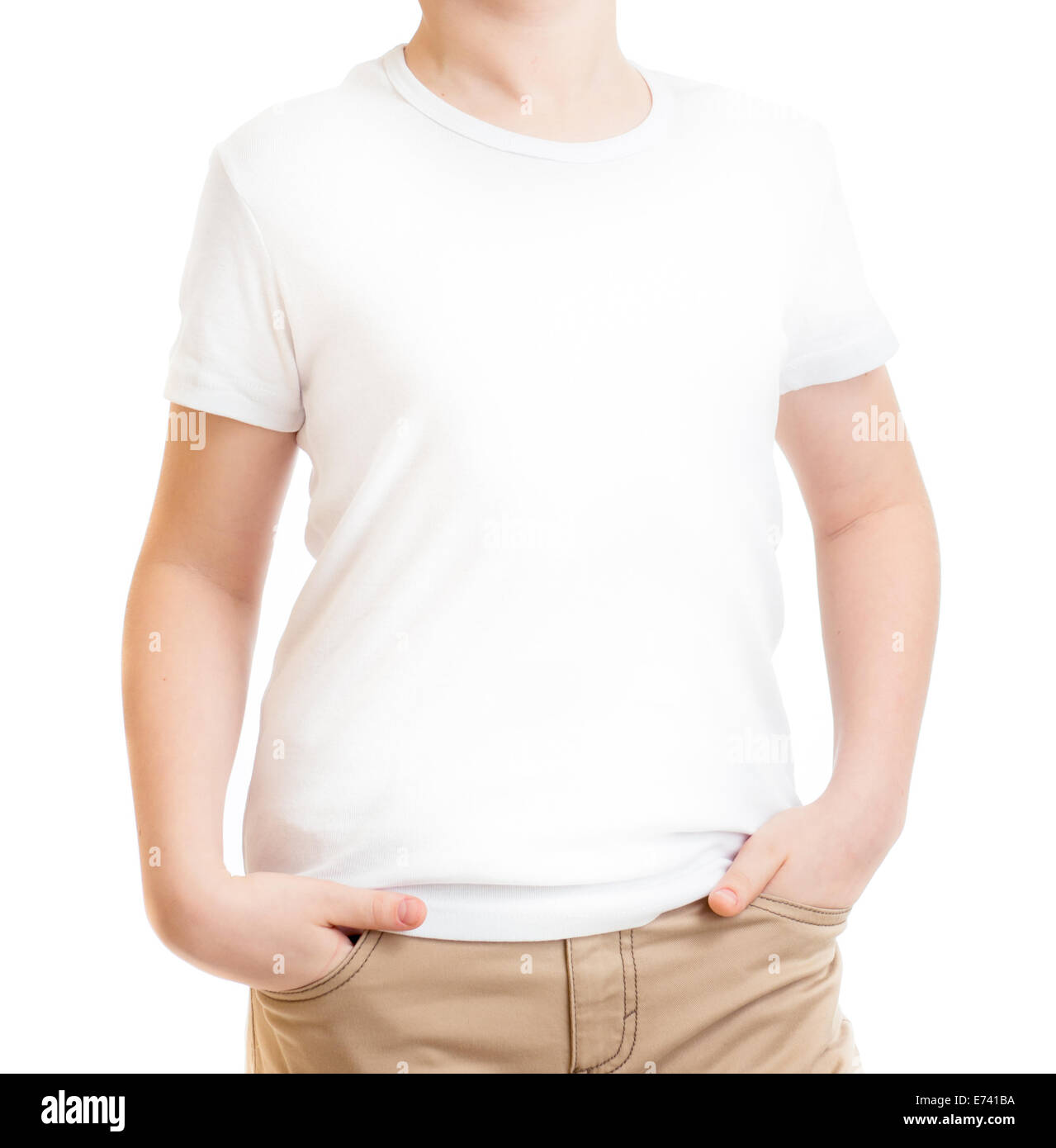 zugeschnittene Modell Kid-t-Shirt oder t-Shirt isoliert auf weiss Stockfoto