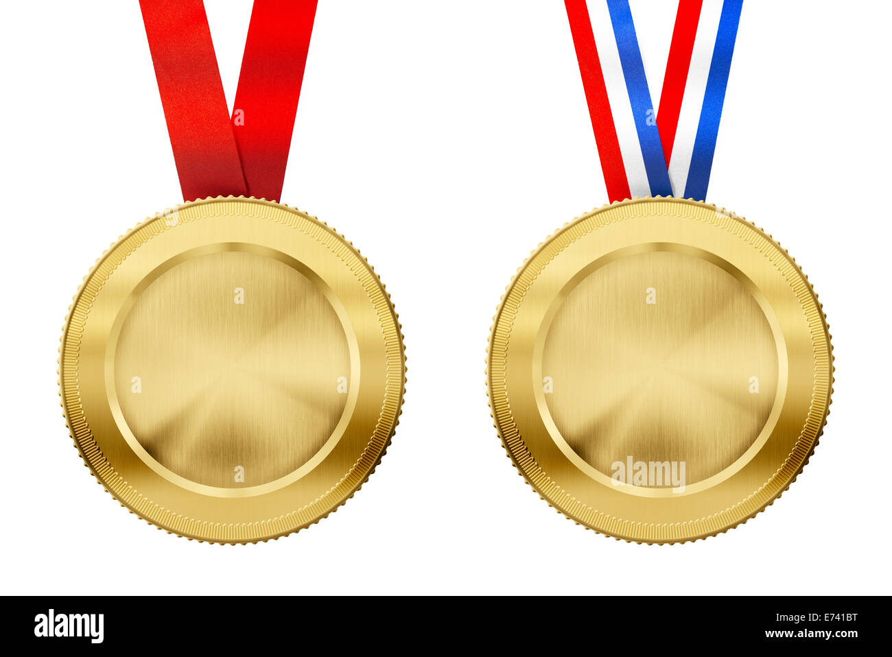Goldmedaillen set mit verschiedenen Bändern isoliert auf weiss Stockfoto