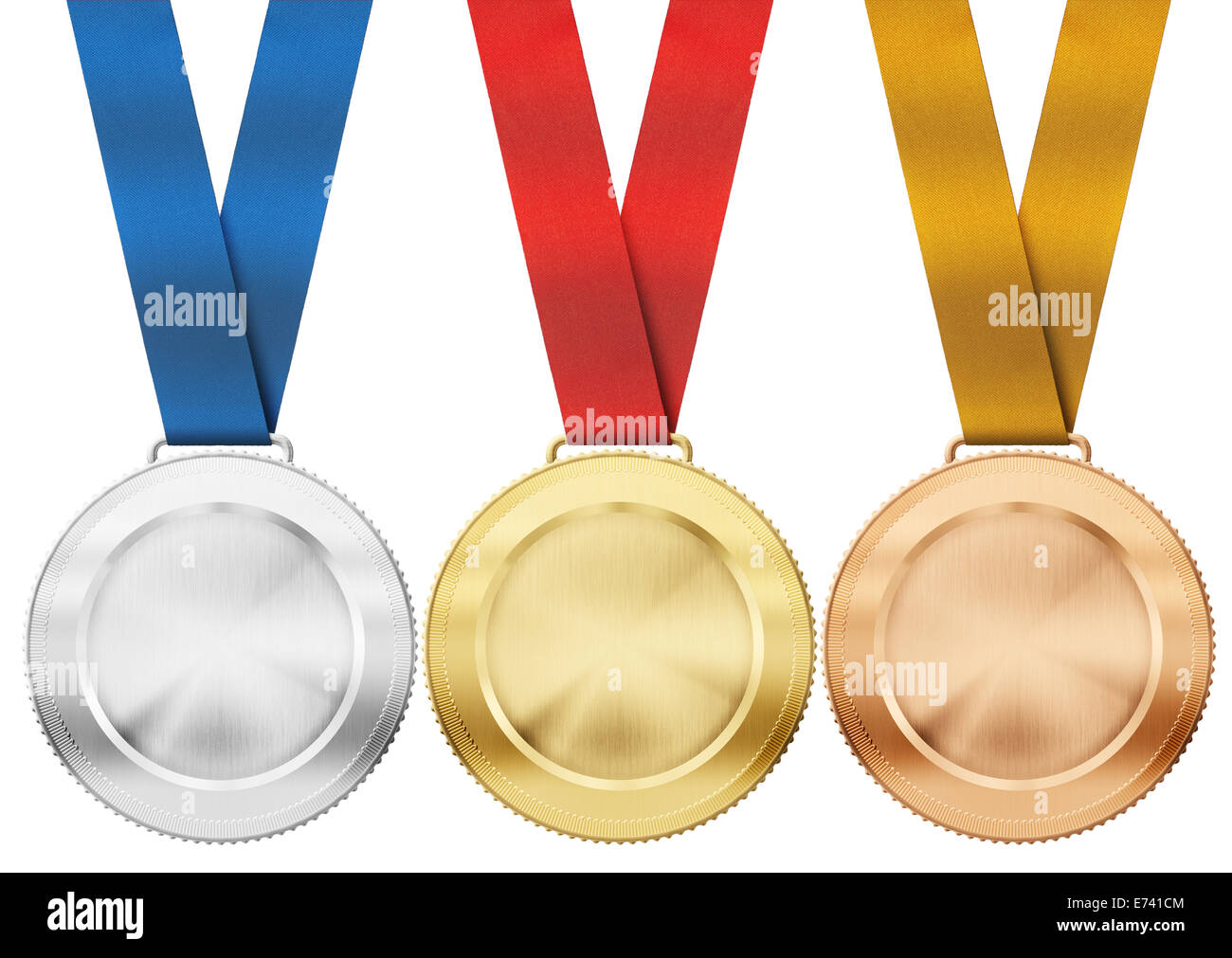 Gold, Silber, Bronze Medaillen mit Band isoliert auf weiss Stockfoto