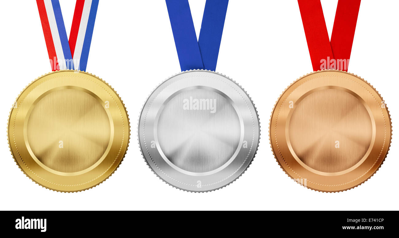 Gold, Silber, Bronze Medaille mit verschiedenen Bändern isoliert auf weiß gesetzt Stockfoto