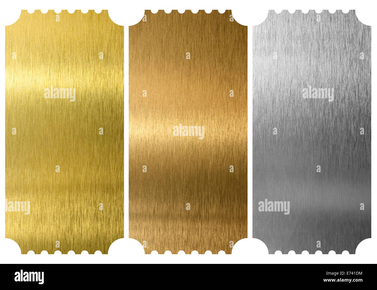 Aluminium, Bronze und Messing Tickets isoliert Stockfoto