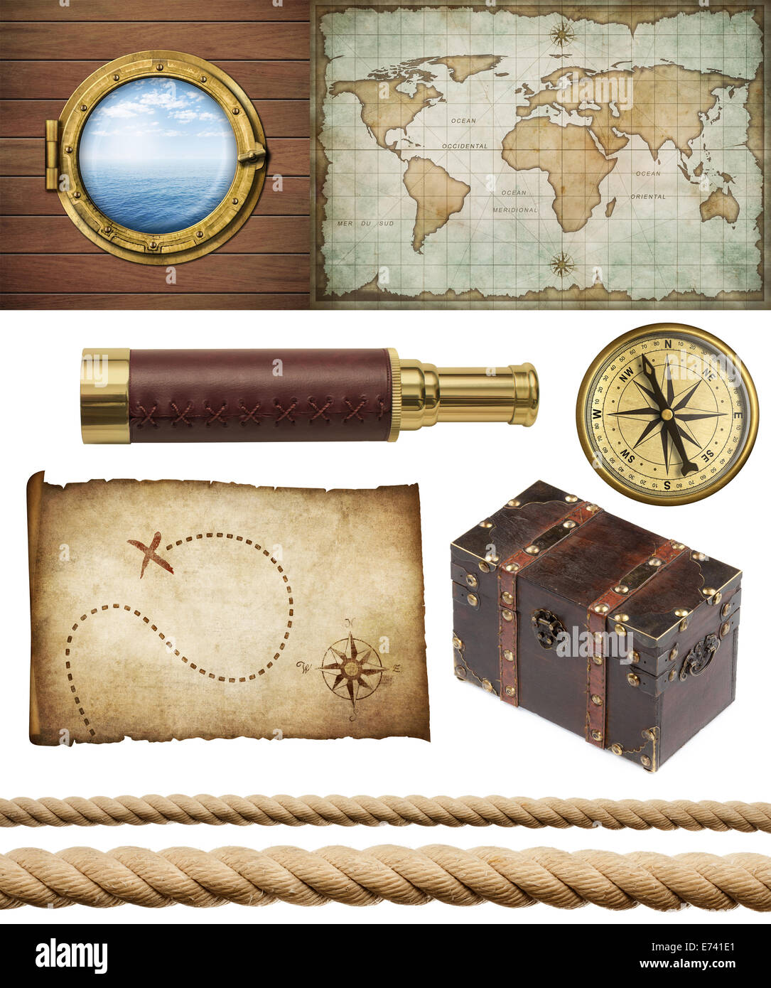 nautische Objekte isoliert: Schiff, Fenster oder Bullauge, alte Schatzkarte, Fernglas, Messing-Kompass, Piraten Brust und Seile Stockfoto