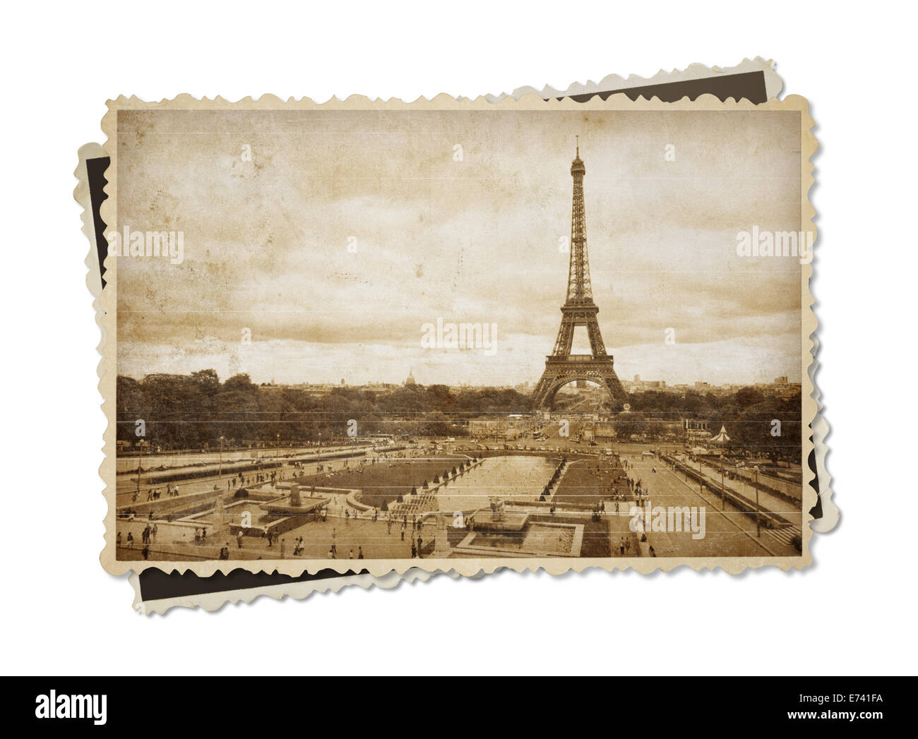 Eiffelturm in Paris Sepia getönten Ansichtskarte isoliert auf weiss Stockfoto