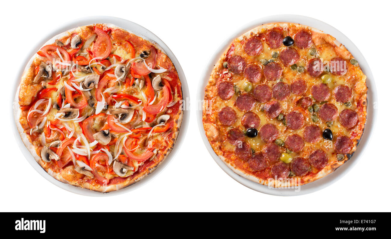 Zwei italienische Pizza isoliert auf weißem Draufsicht Stockfoto