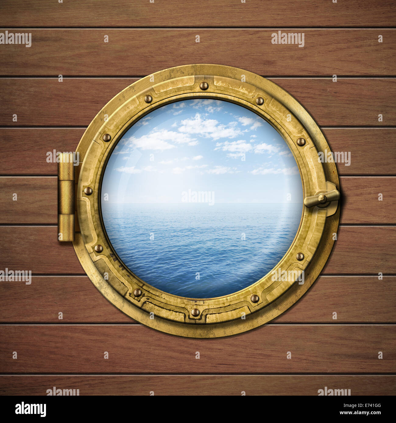 Boot-Fenster oder Bullauge mit Meer oder Ozean Horizont auf Holz Wand Stockfoto