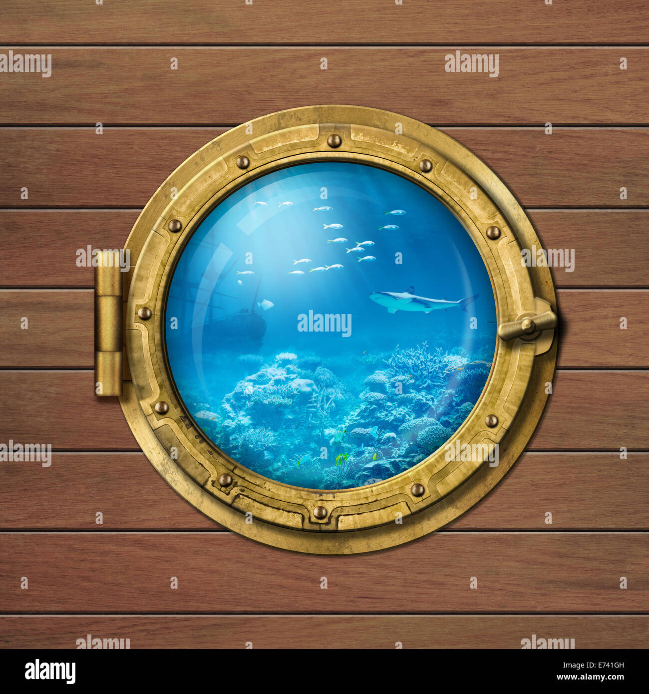 Bathyscaph oder u-Boot unter Wasser Bullauge Stockfoto