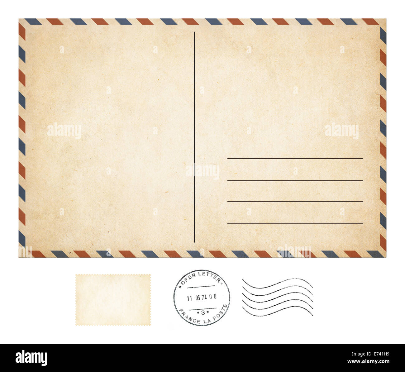 Alte Postkarte und Briefmarkensammlung isoliert Stockfoto