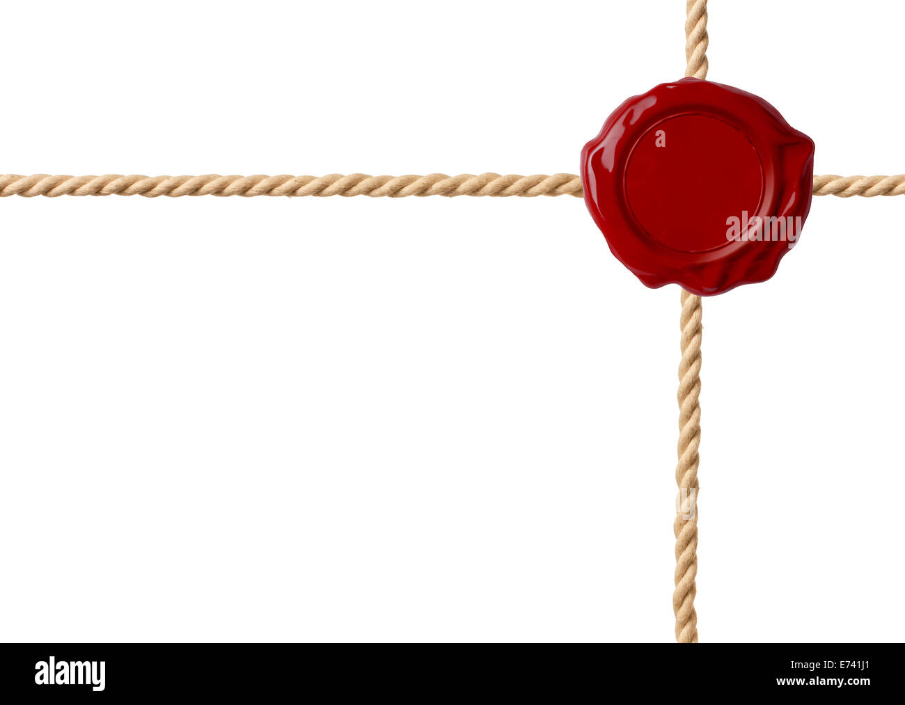 Siegel aus rotem Wachs mit gekreuzten Seile isoliert Stockfoto