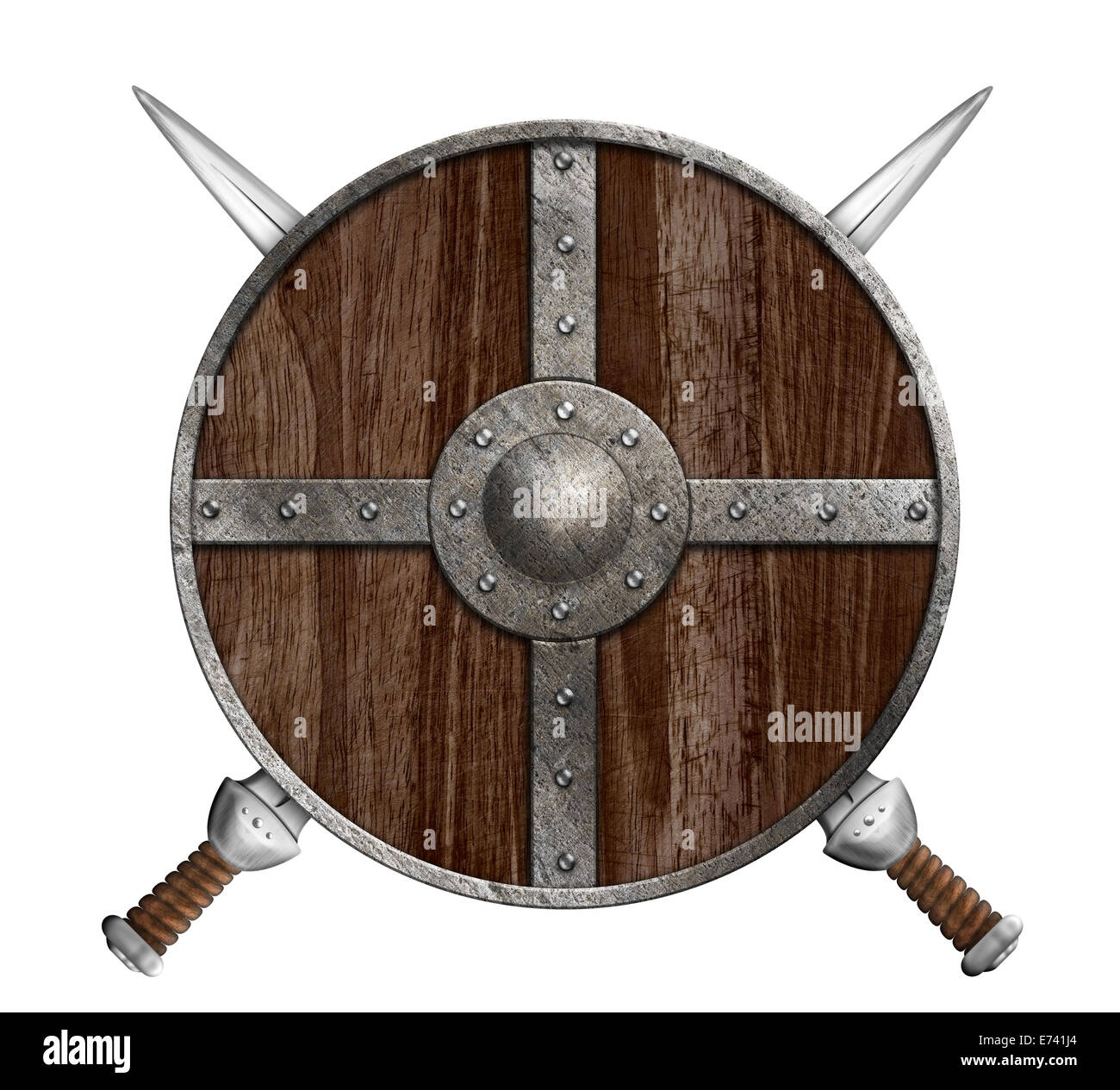 Zwei gekreuzte Schwerter und Viking Holzschild isoliert Stockfoto