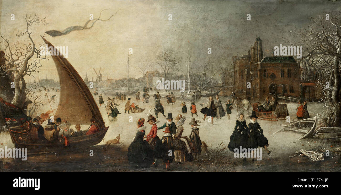 Landschaft mit einem gefrorenen Kanal, Skater und ein Eis-Boot - von Adam van Breen, 1611 Stockfoto