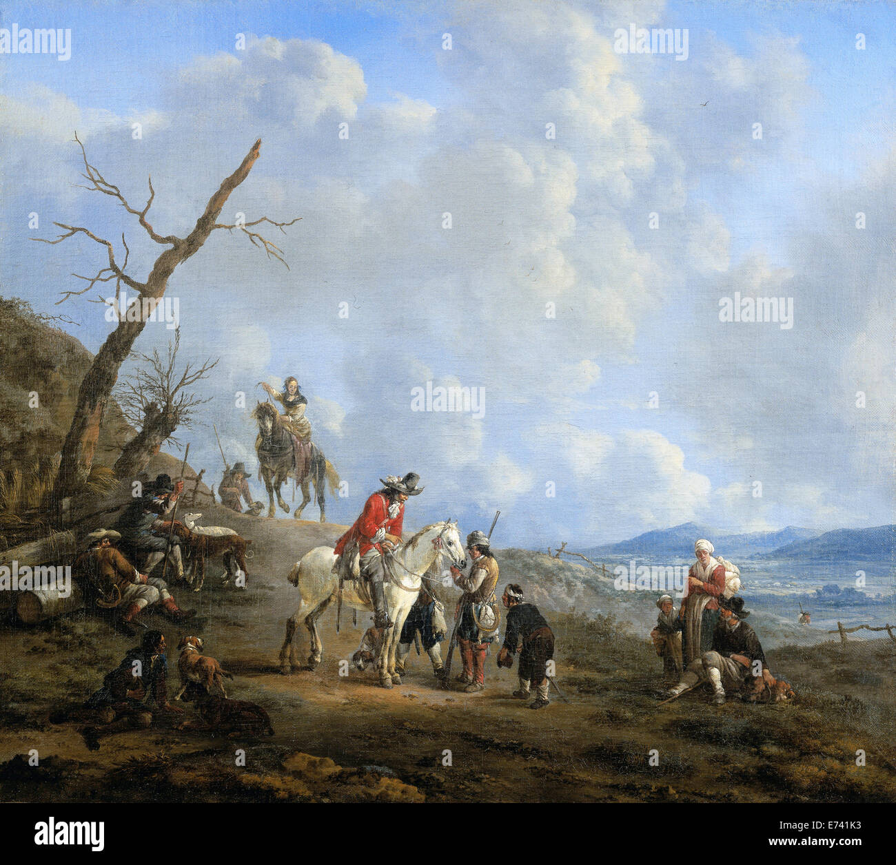 Landschaft mit Reiter, Jäger und Bauern - von Johannes Lingelbach, 1650-1674 Stockfoto