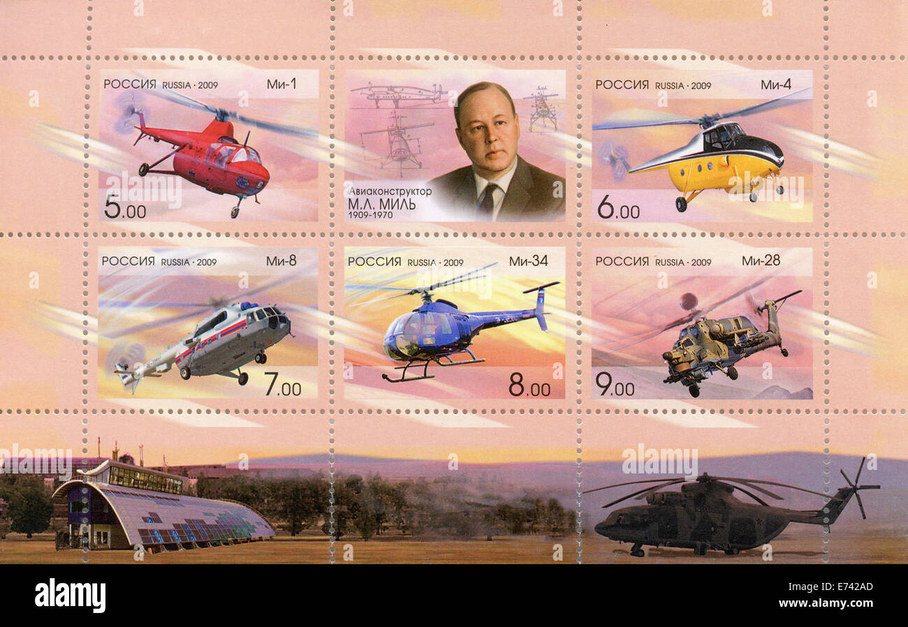 Russland-Briefmarken Darstellung Mikhail Mil, sowjetische Raumfahrt-Ingenieur und seine Hubschrauber Stockfoto