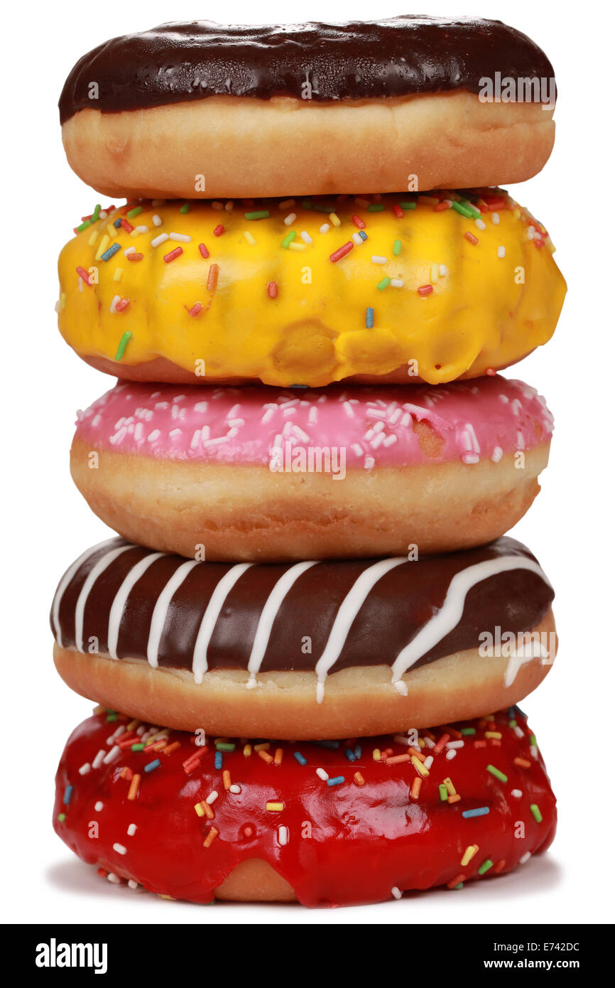 Sammlung von vielen bunten Donuts eins auf dem anderen Stockfoto