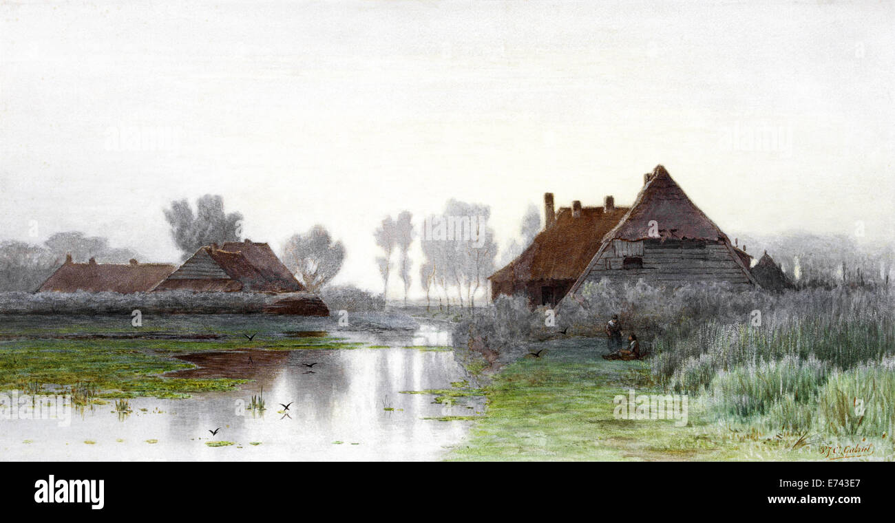 Bauern-Häuser auf dem Wasser im Morgennebel - von Paul Joseph Constantin Gabriel, 1838-1903 Stockfoto