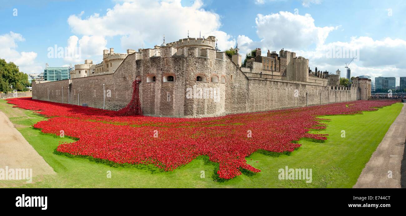 Der Tower of London, umgeben von Keramik Mohnblumen Künstlers Paul Cummins Stockfoto