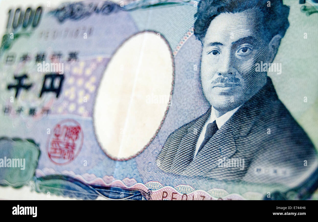 Eine 1000-Yen-Banknote aus Japan fotografiert in einem Winkel mit dem renommierten Bakteriologen Hideyo Noguchi auf der Vorderseite. Stockfoto
