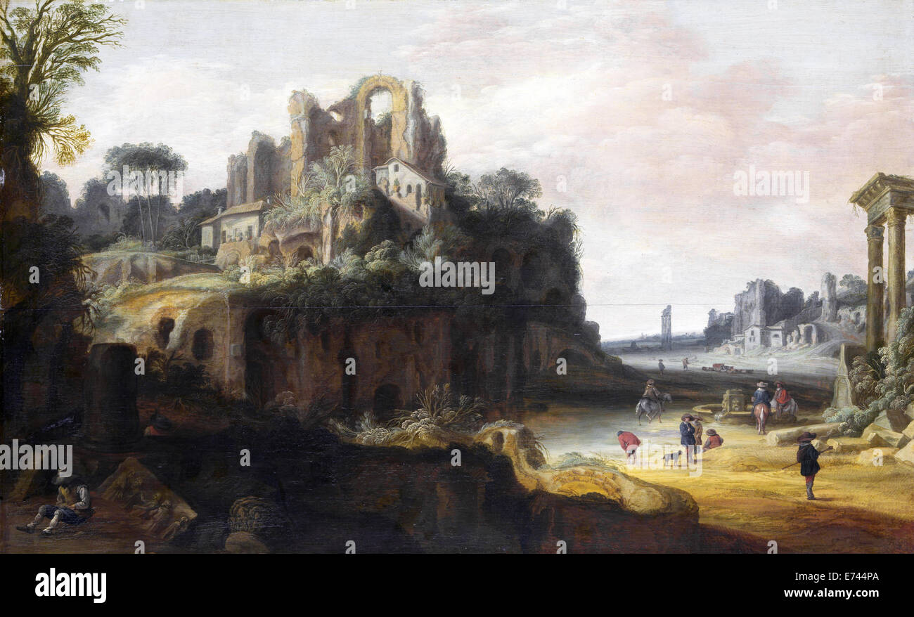 Römische Landschaft mit der linken und rechten Teile der Palatinus, das Forum Romanum - von Pieter Anthonisz Groenewegen, 1630-1657 Stockfoto