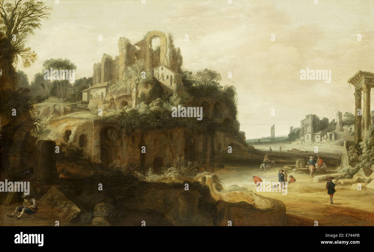 Römische Landschaft mit der linken und rechten Teile der Palatinus, das Forum Romanum - von Pieter Anthonisz Groenewegen, 1630-1657 Stockfoto