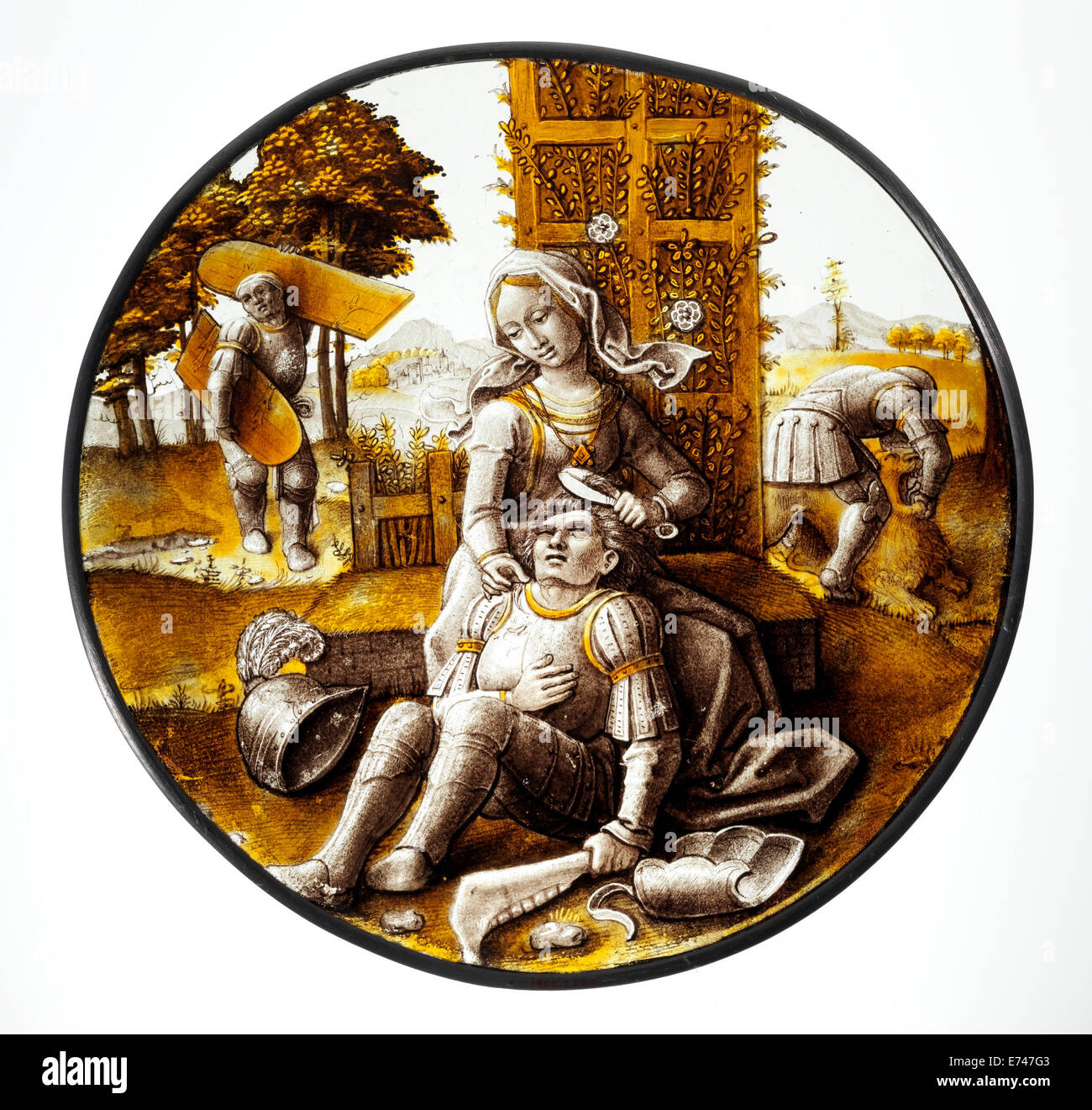 Glasmalerei-Rondell mit Delilah Schneiden der Haare von Samson, 1520 Stockfoto