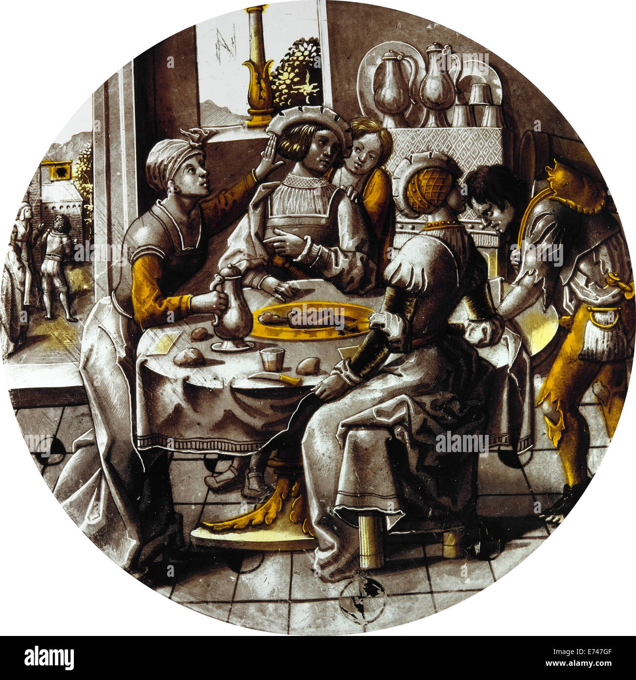 Glasmalerei mit Sorgheloos mit einfach Glück, 1520 Stockfoto